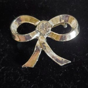Vintage Silver tone Bow Brooch with Rhinestone center